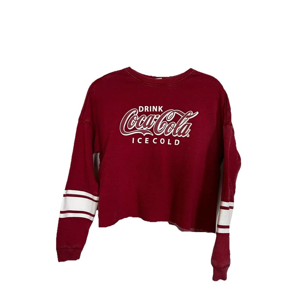 Coca-Cola Cropped Sweatshirt Women L Red White Crewneck Pullover Distressed Coke